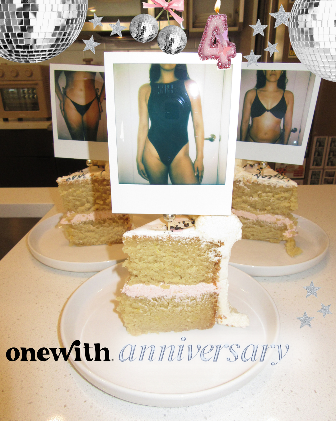 Slice of layered cake topped with Polaroids of a woman in a black swimsuit and 'onewith anniversary' text and a pink balloon '4'