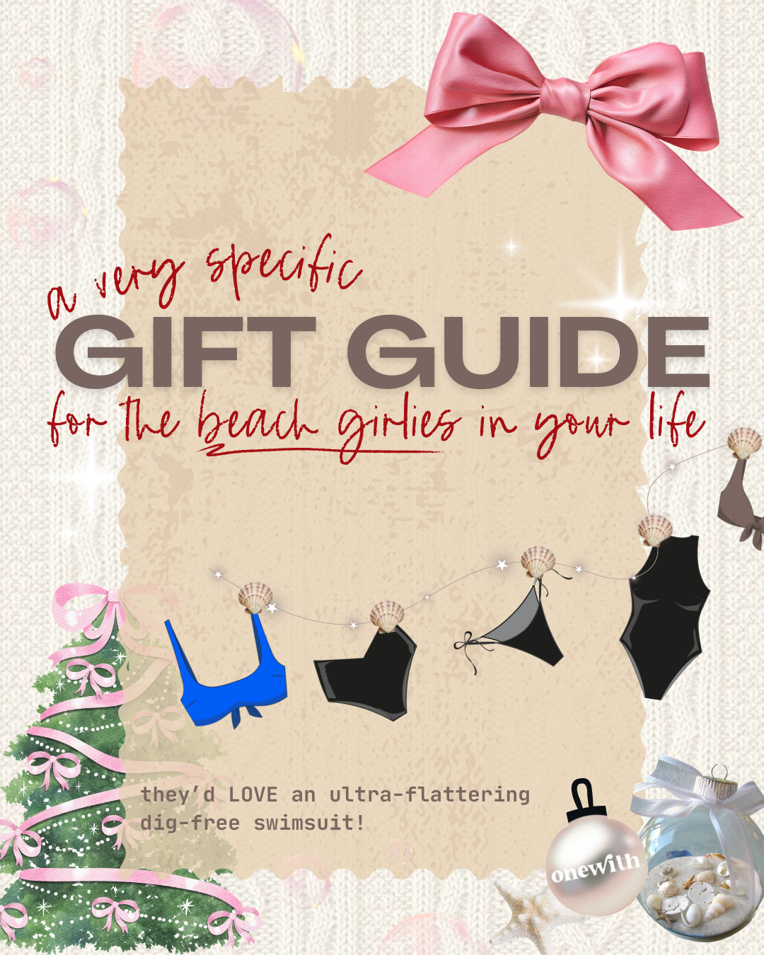 Promotional banner reading 'GIFT GUIDE' with hanging swimsuits, Christmas tree, and onewith ornament