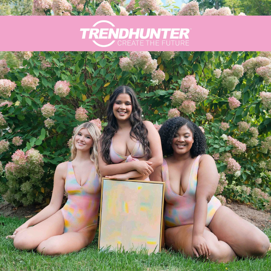 Three models in pastel swimsuits seated by hydrangeas with a banner reading 'TRENDHUNTER CREATE THE FUTURE'