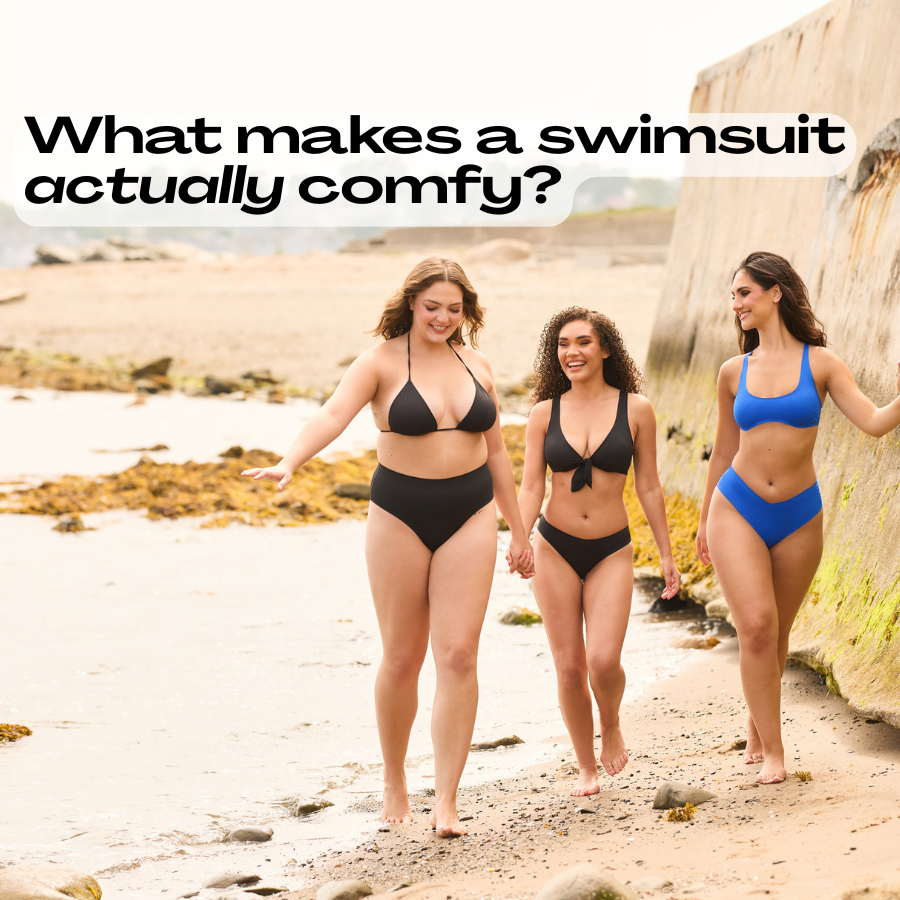 Three women walking on a beach in swimsuits; text: 