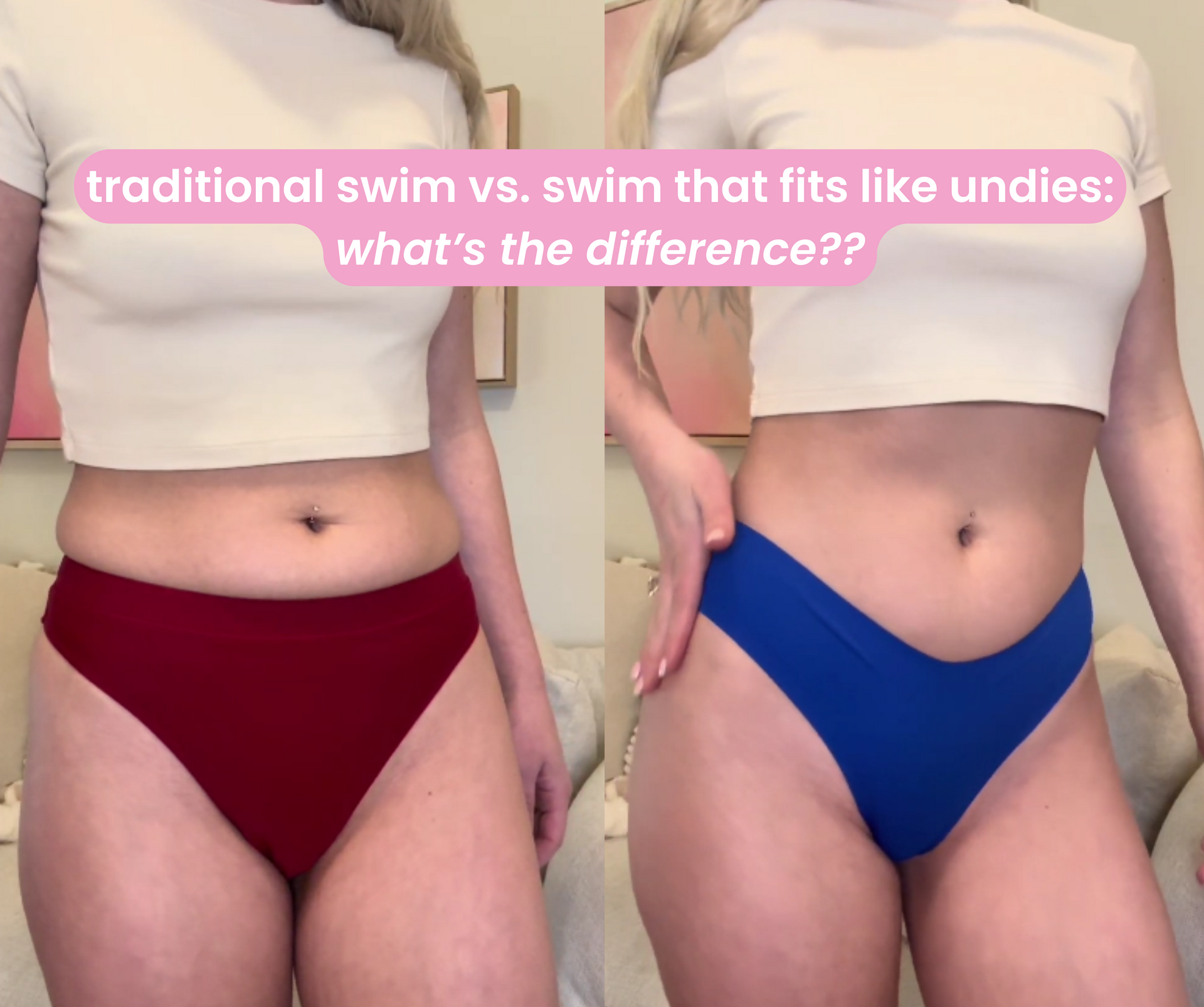 Front view of onewith swim bottoms showcasing left red traditional cut and right blue undie-like no-show fit with bedroom background