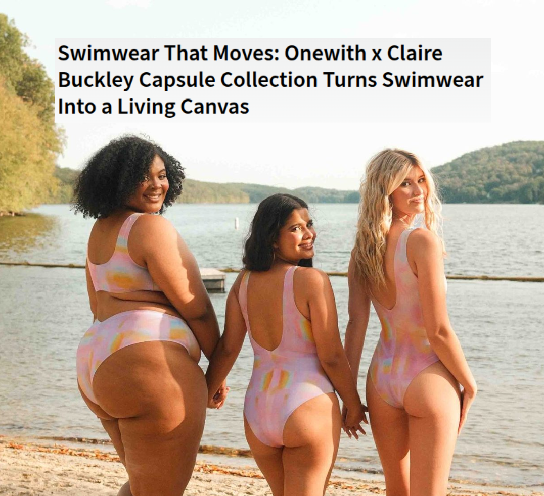 Swimwear That Moves: three models in pastel abstract-print one-piece swimsuits by onewith x Claire Buckley at a lake