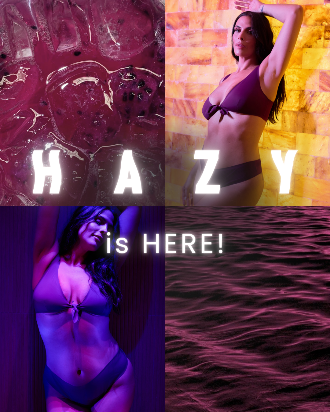 Model posing in Hazy Westerly top and Merritt bottom against purple-lit textures, overlaid text HAZY is HERE!