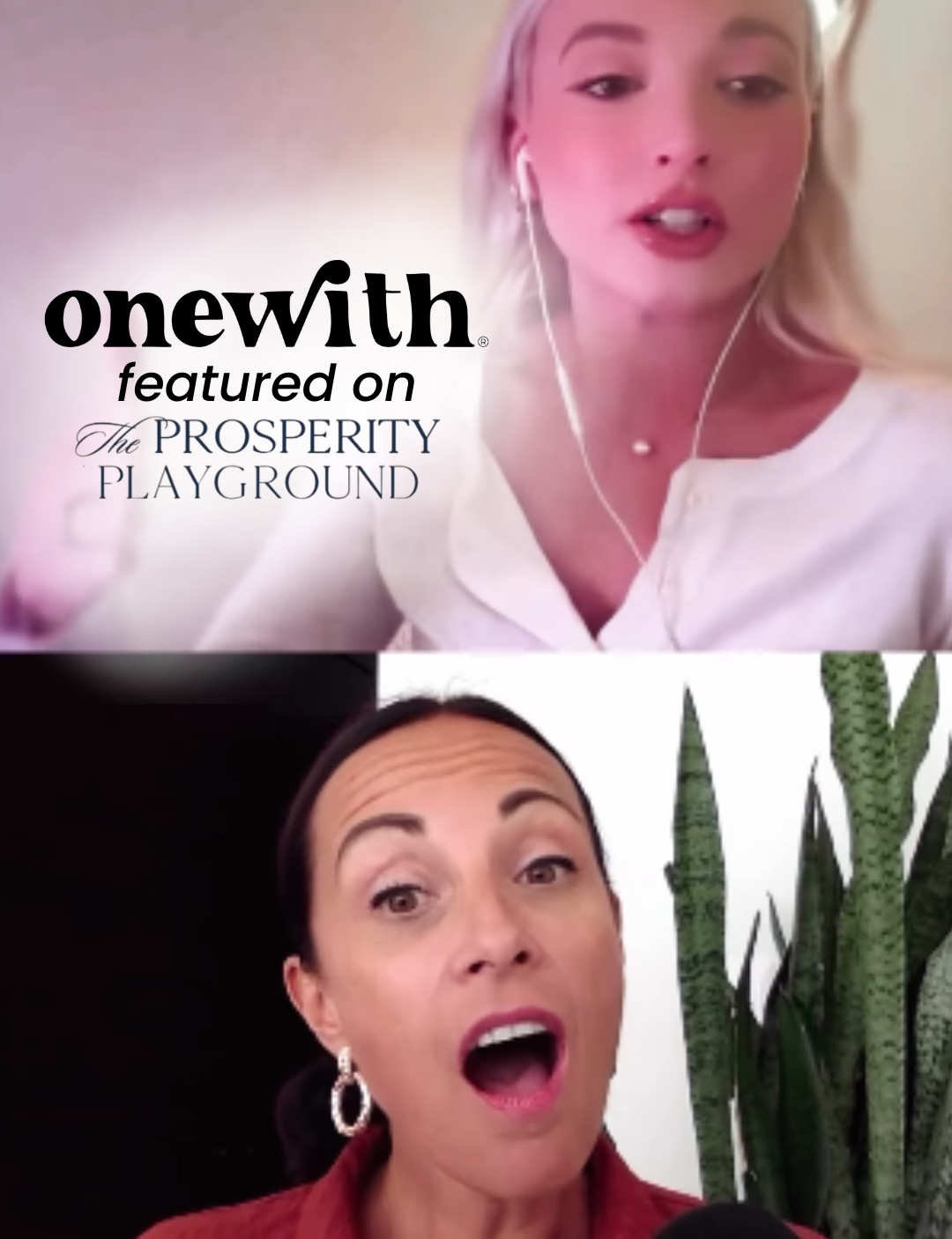 Hayley Segar and host in a split-screen podcast interview with overlay text onewith featured on The Prosperity Playground