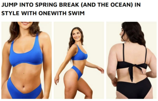 Three-panel showing models wearing onewith scoop-neck bikini top and high-waisted bikini bottoms, blue front and side views and a black back view