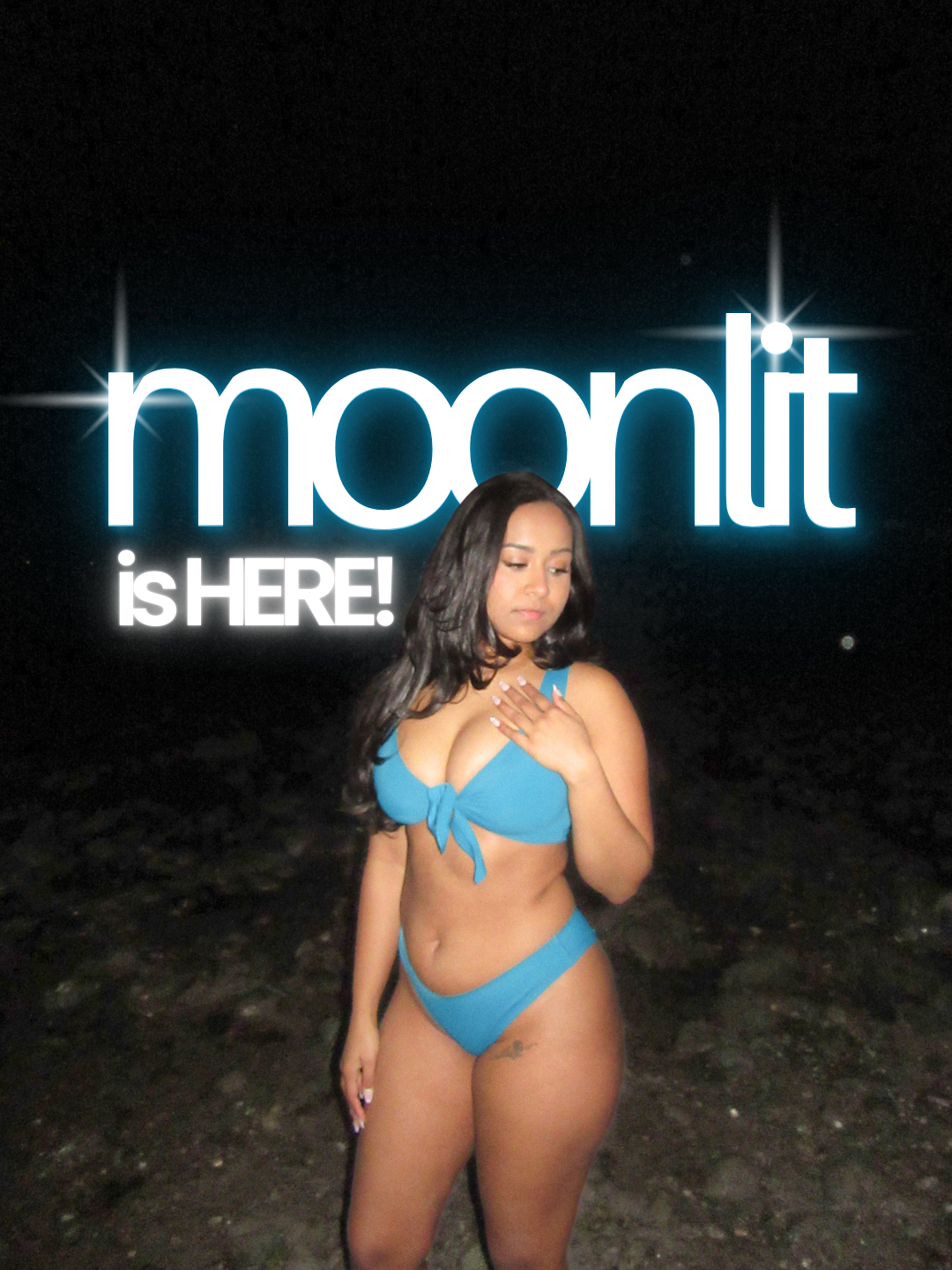 Moonlit is HERE! Front of Westerly top and Merritt bottom in Moonlit teal showing tie-front and no-show fit on model