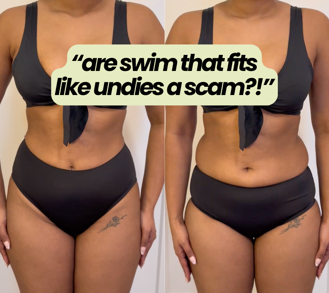 Front view of black high‑waist onewith bikini on plus‑size model, overlay text 'are swim that fits like undies a scam?!'
