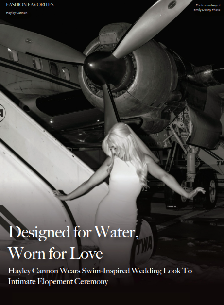 Photo of Hayley Cannon in a white swim-inspired wedding dress beside an airplane with headline ‘Designed for Water, Worn for Love’
