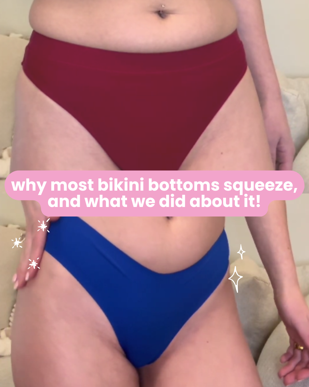 Woman modeling blue high-cut bikini bottoms, cropped torso, pink banner reading Why most bikini bottoms squeeze