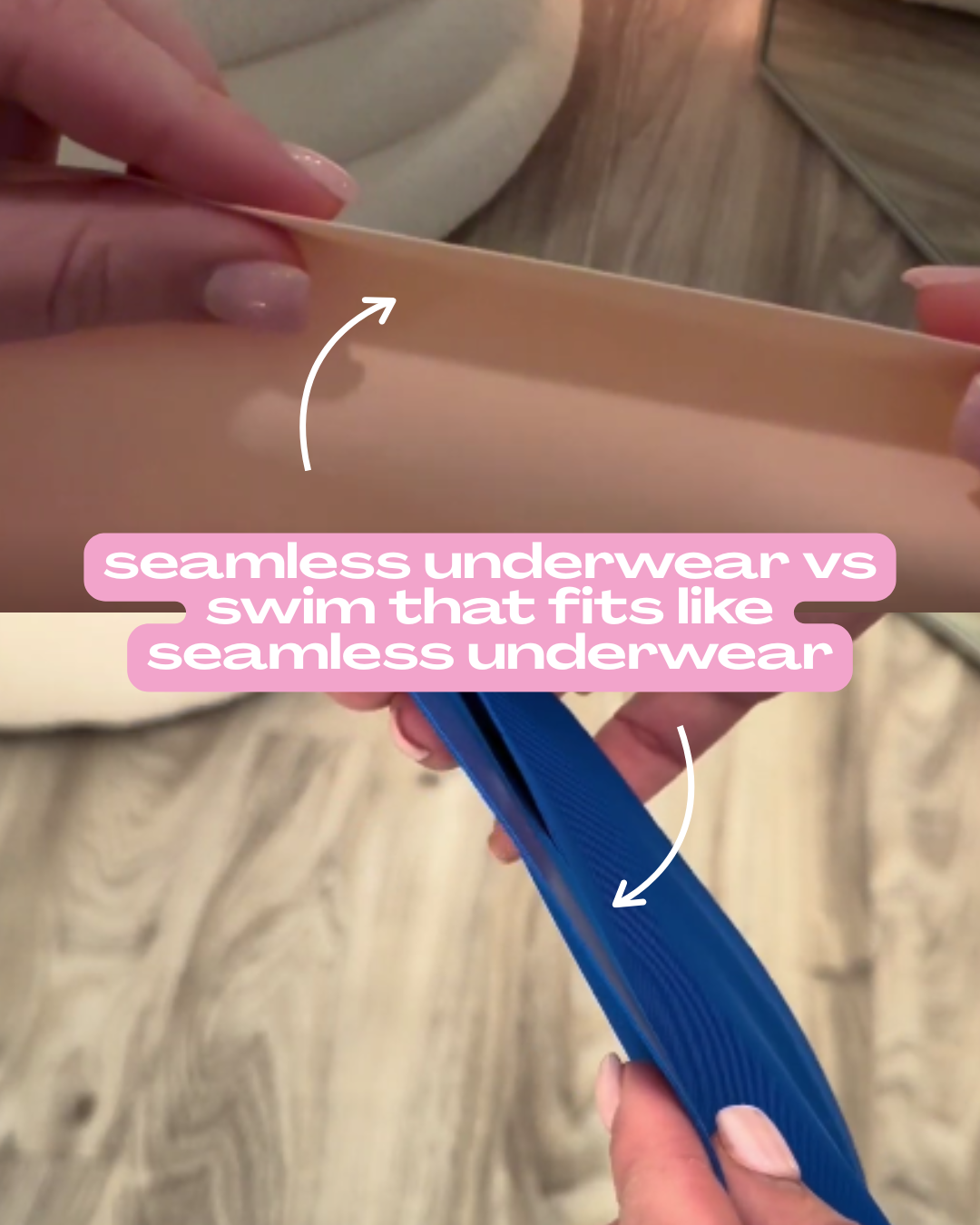 Comparison graphic seamless underwear vs swim that fits like seamless underwear, beige and blue fabric with arrows