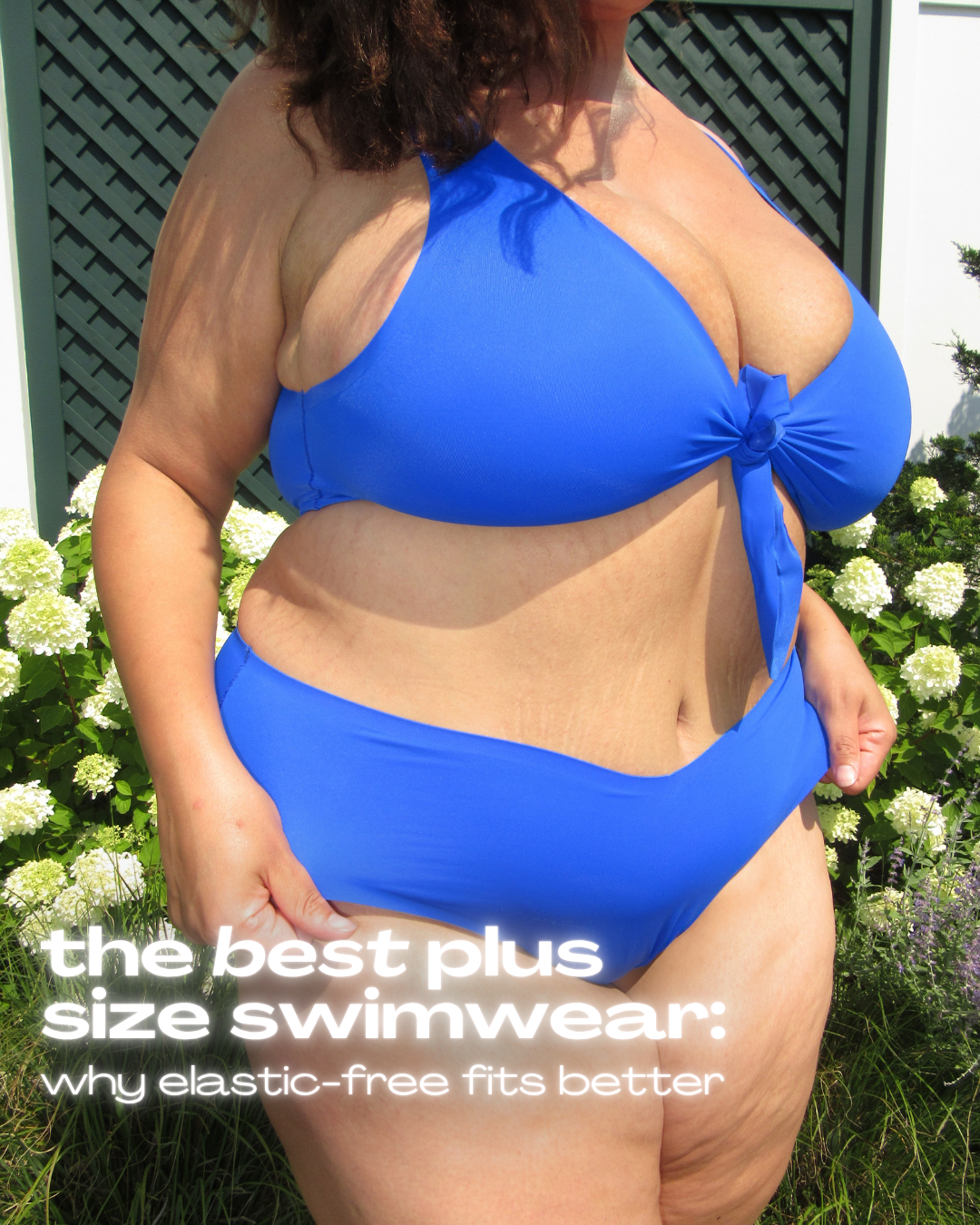 Plus-size model in bright blue elastic-free bikini; overlay text the best plus size swimwear: why elastic-free fits better