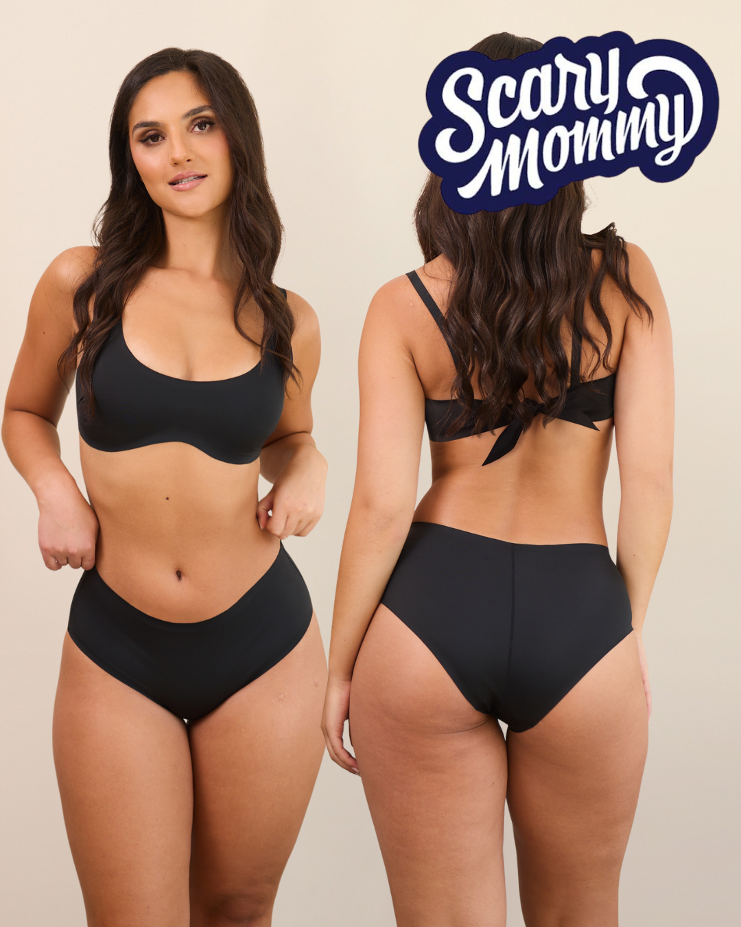Front and back of onewith black bikini set (scoop top, hipster bottoms) showing no-show raw-cut fit, Scary Mommy logo overlay