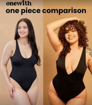 one piece that doesn’t dig in, flattering one piece, onewith swim, best one piece for midsize, bathing suit that covers low belly, plus size flattering swimwear, seamless one piece, plunge one piece, scoop neck one piece, edgeless one piece swimsuit 
