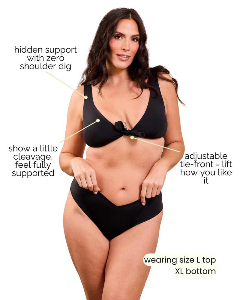 Woman wearing a black bikini with text highlighting features on a white background