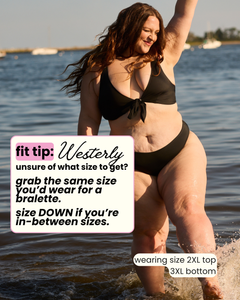 Woman in a black bikini standing in water with text overlay about swimwear size guidance.