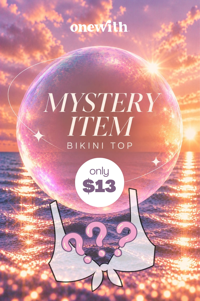 Illustrated mystery bikini top with question marks against a sparkling sunset beach background