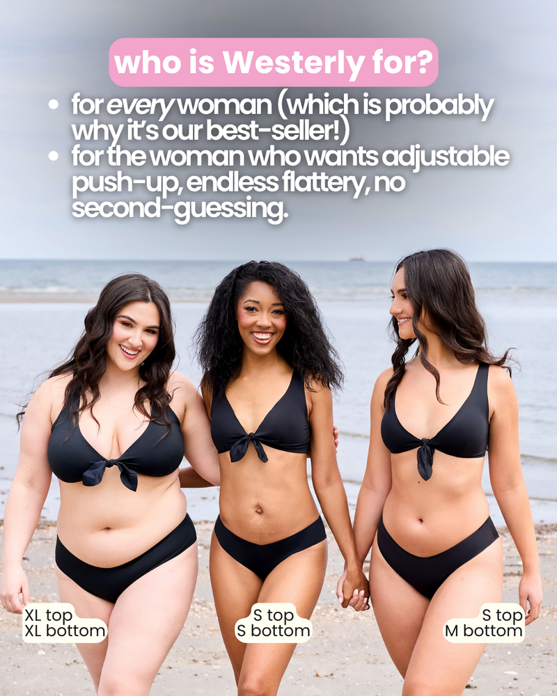 Three women in black bikinis on a beach with informational text about the Westerly top.