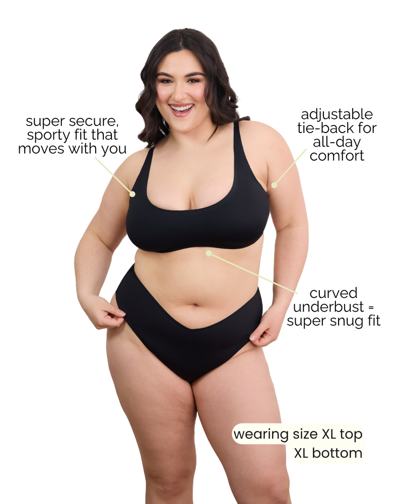 Woman wearing a black bikini with text highlighting features on a white background