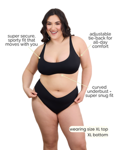 Woman wearing a black bikini with text highlighting features on a white background