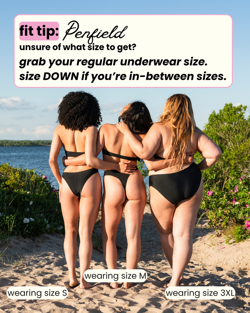 Three women in swimsuits standing on a beach with text about size guidance.