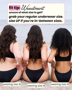 Three women wearing black bikinis with text providing size guidance.