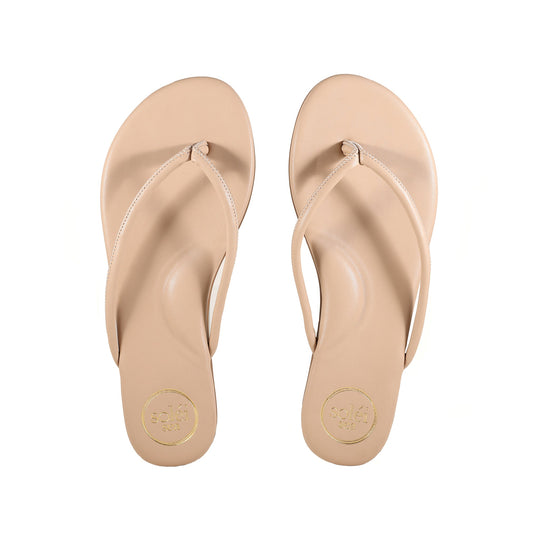Beige flip-flop sandals, top view