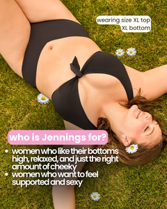 Woman lying on grass wearing a black bikini with text about clothing size and target audience.
