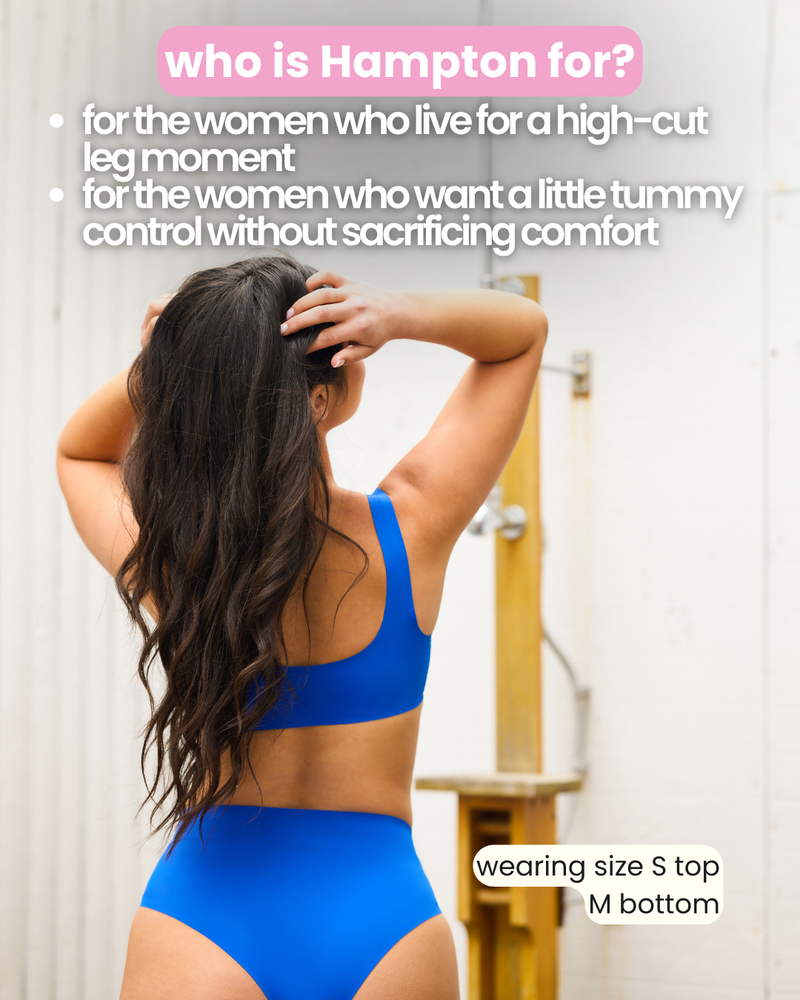 Woman wearing a blue high-cut swimsuit with informational text about Hampton swimsuit bottom.