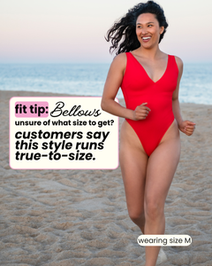 Woman in a red swimsuit on a beach with text about swimwear fit.
