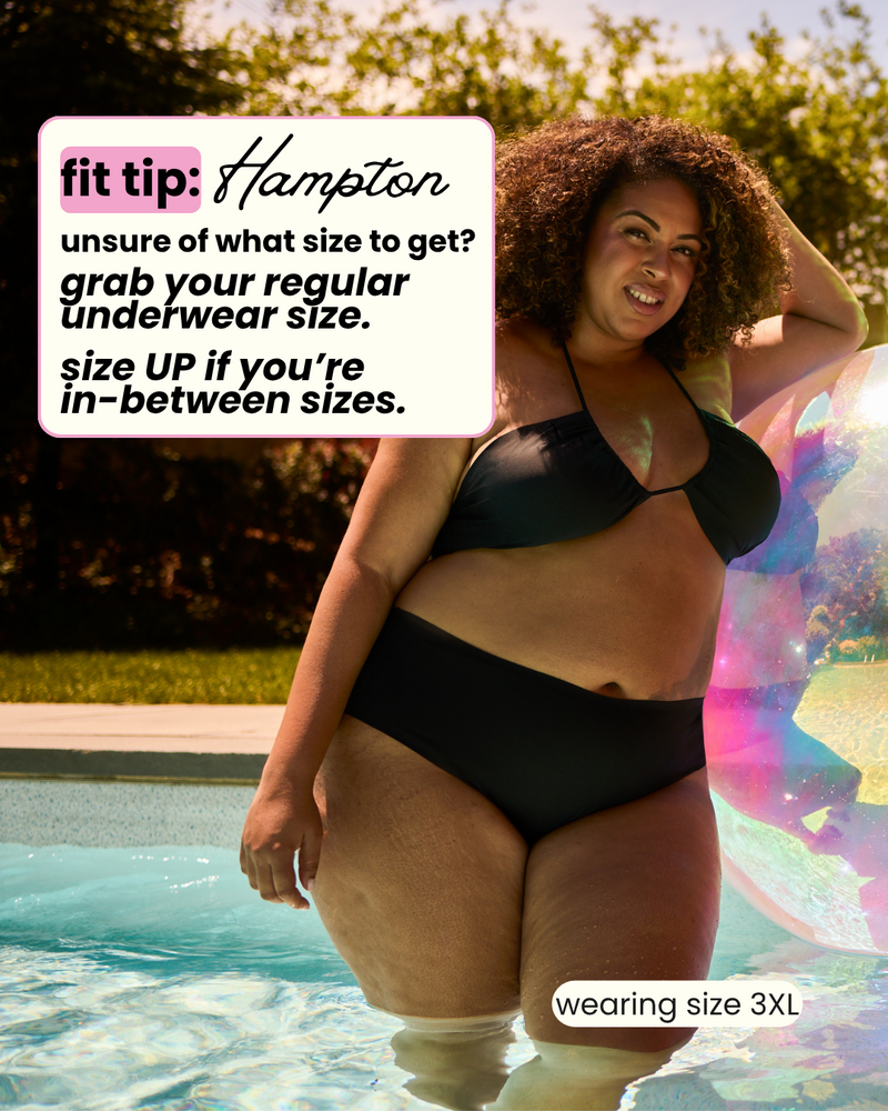 Woman in a black bikini standing by a pool with text overlay about swimwear size guidance.