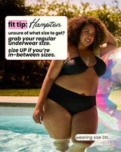 Woman in a black bikini standing by a pool with text overlay about swimwear size guidance.