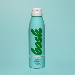 Bask mineral sunscreen aerosol can with green cursive 