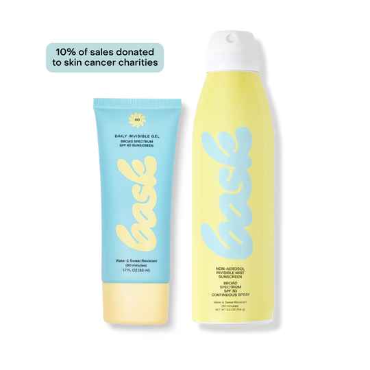 Blue squeeze tube and yellow spray bottle labeled 'bask', front view of two sunscreens.