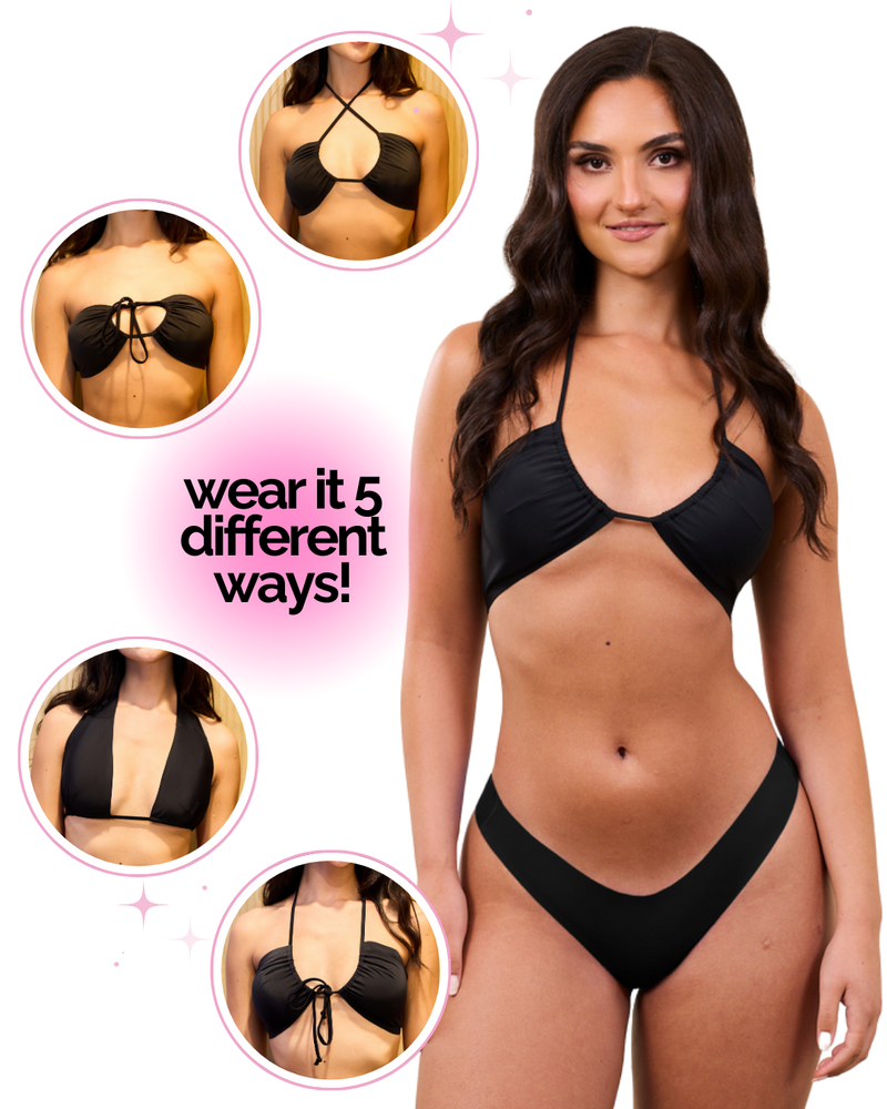 Woman modeling black bikini with inset circles showing three convertible styles; text 'wear it different ways'