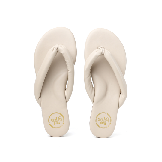 Beige thong sandals (pair), top view, contoured cushioned footbeds