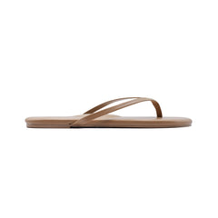 Brown thong flip-flop sandal with thin straps on white background, side view.