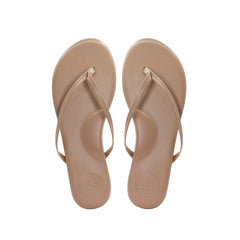 pair of beige thong sandals (flip-flops), top view showing toe-post straps