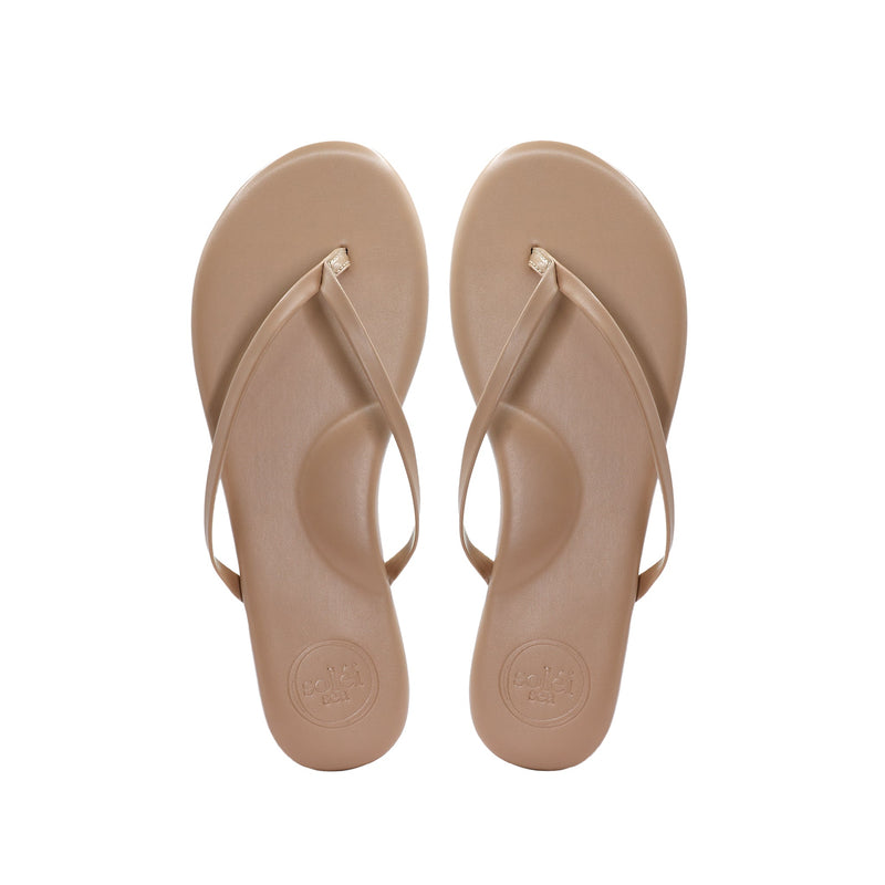 pair of beige thong sandals (flip-flops), top view showing toe-post straps
