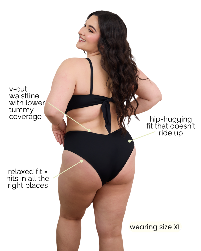 Woman wearing a black swimsuit with text highlighting features, on a white background