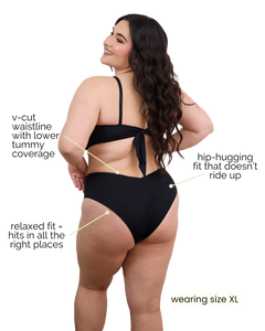 Woman wearing a black swimsuit with text highlighting features, on a white background