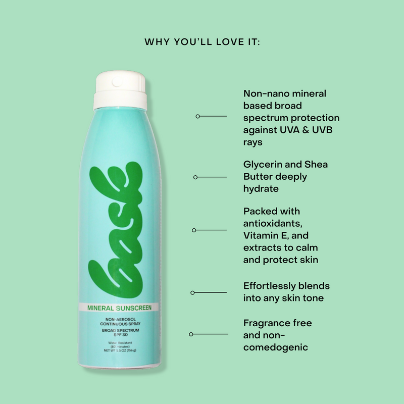 Bask mineral sunscreen aerosol with product benefits listed in a column to the right.