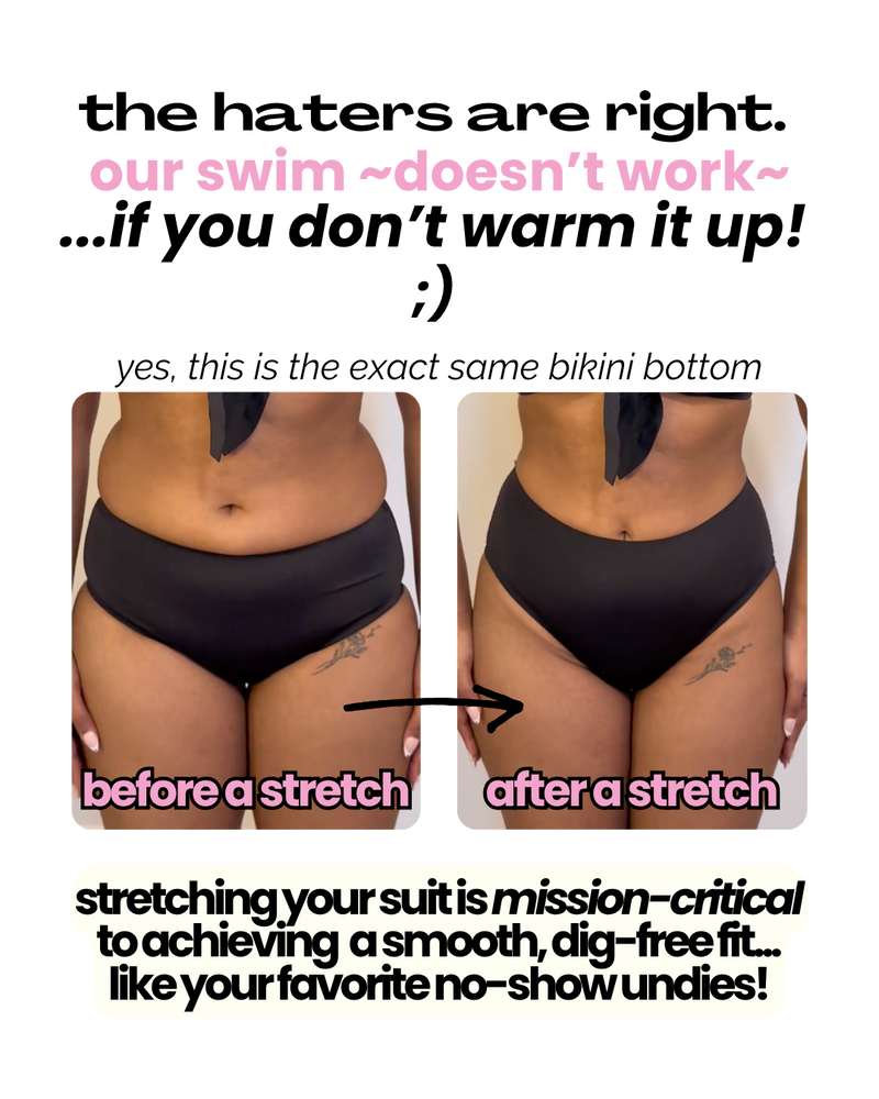 Comparison of a black bikini bottom before and after stretching, with text about swimwear care.