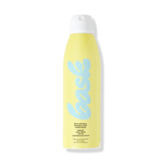 Yellow sunscreen bottle with white cap labeled 'bask' in light-blue script