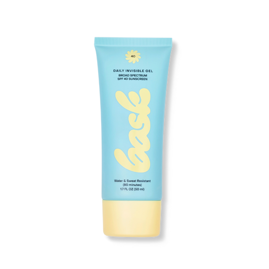 Light-blue sunscreen tube with yellow cap labeled 'bask' in cursive script