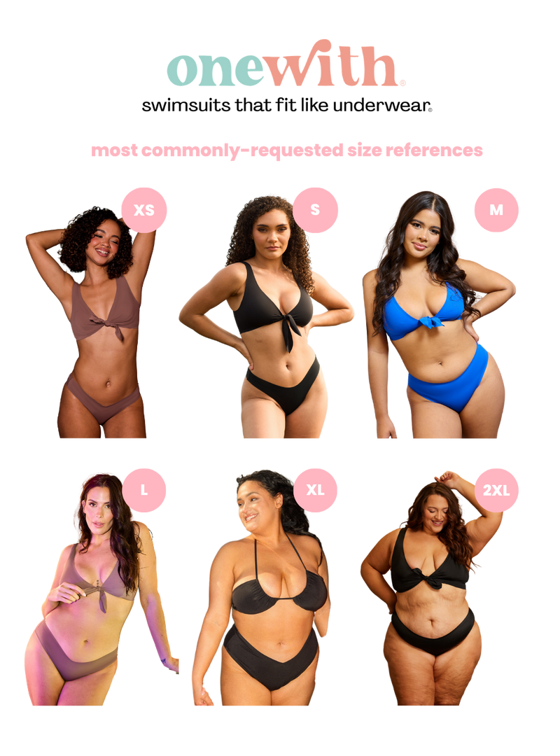 Six diverse models wearing black bathing suits in a grid showcasing different fits and sizes