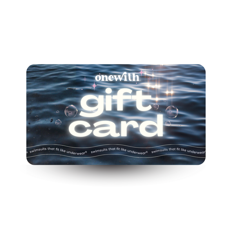 onewith GIFT CARD on an ocean-textured card; slogan at bottom: SWIMSUITS THAT FIT LIKE UNDERWEAR