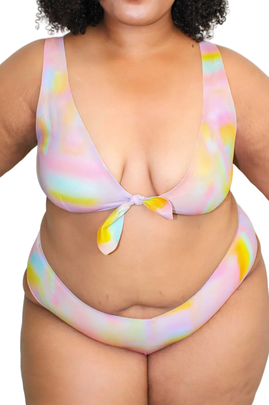 Front view of Westerly tie-front bikini top and matching mid-rise bottoms showcasing adjustable center tie and pastel watercolor print | nesharae__ / 2XL + 3XL