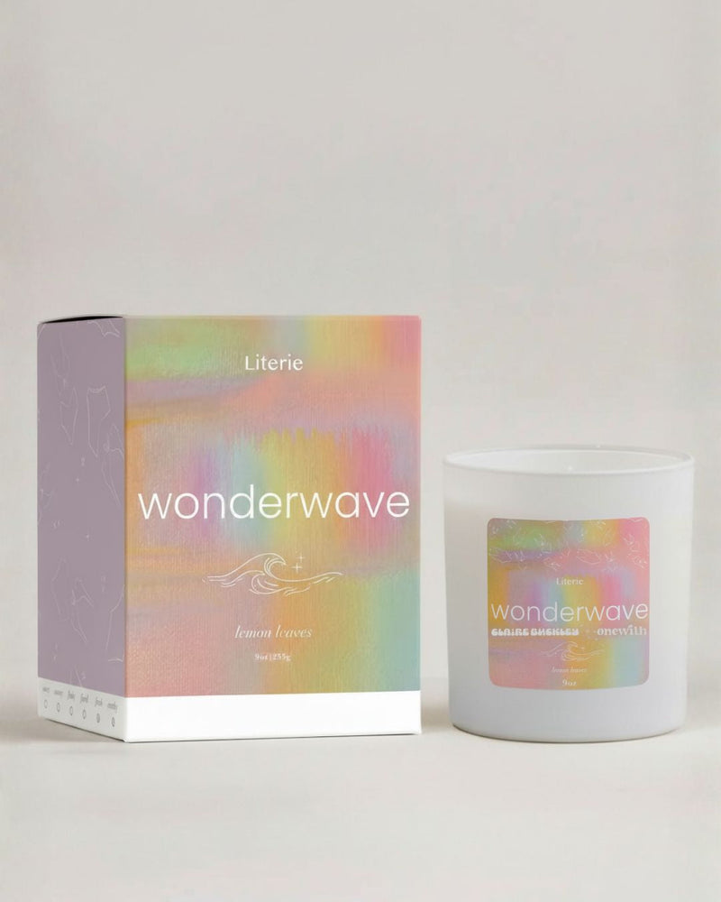 Literie 'wonderwave' candle and matching box with pastel iridescent label
