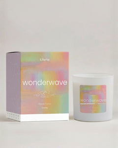 Literie 'wonderwave' candle and matching box with pastel iridescent label